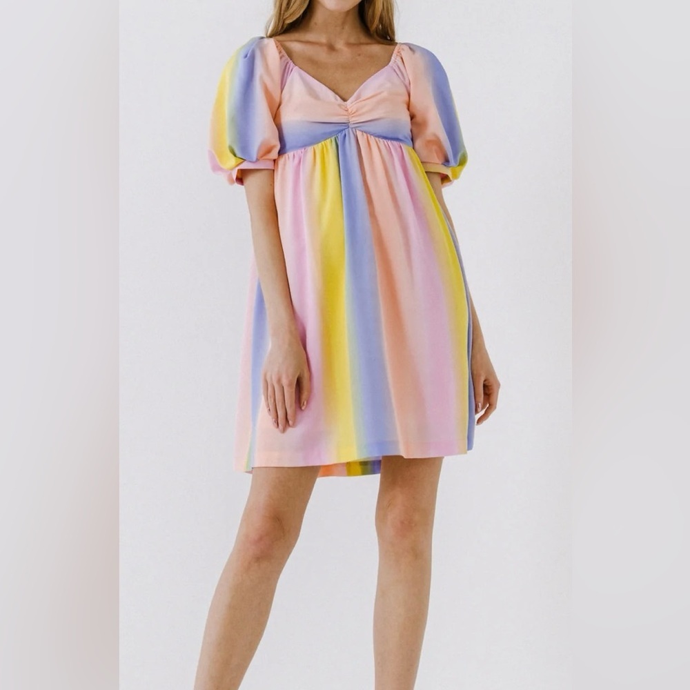 English Factory Multi Color Stripe Puff Sleeve Babydoll Mini Dress- Size M